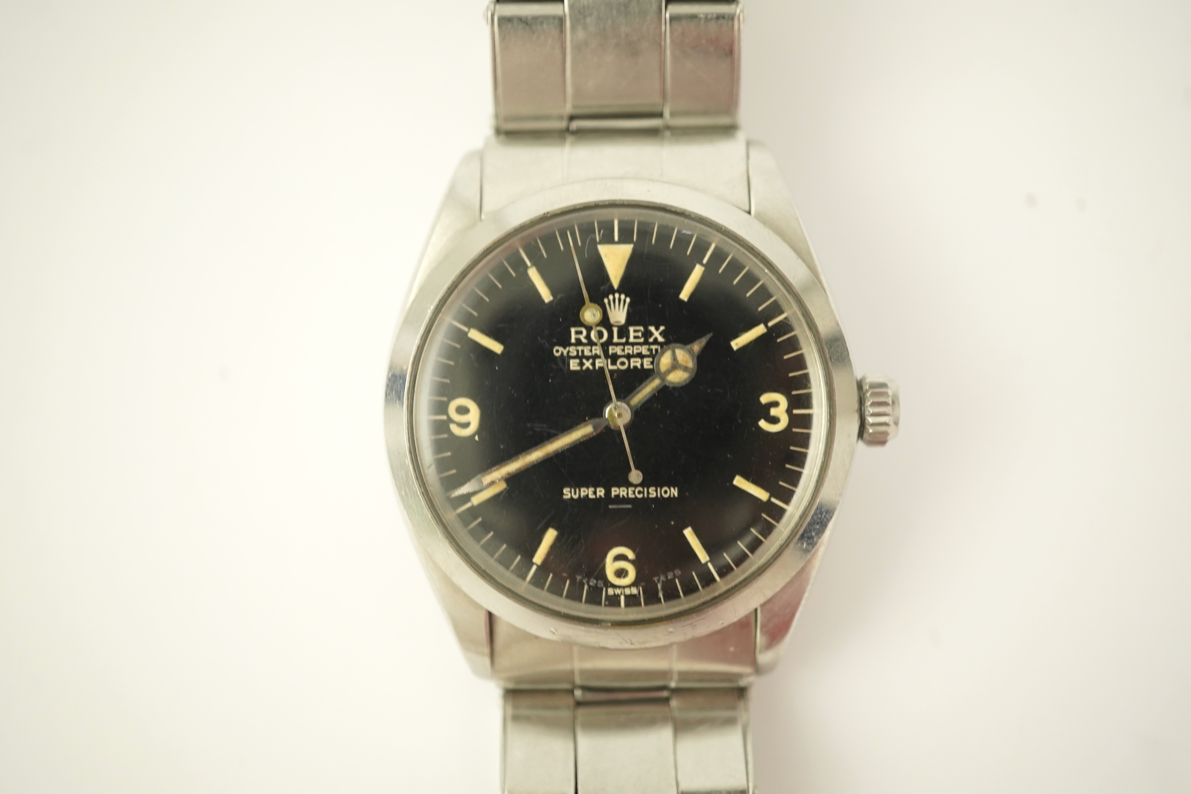 A gentleman's 1964 stainless steel Rolex Oyster Perpetual Explorer Super Precision wrist watch, on a stainless steel Rolex bracelet numbered 6635